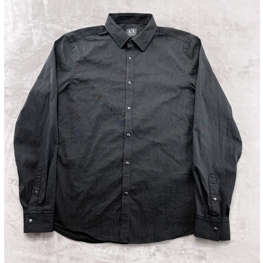 Armani Exchange Snap Shirt Men Medium Black Pinstripe Slim Fit Modern Preppy